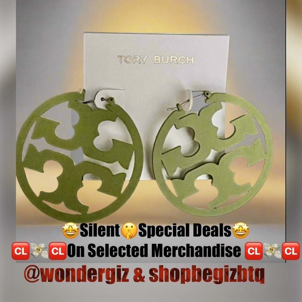 Tory Burch Authentic Military Green Double T Matte Painted Large Hoop Earrings - Picture 5 of 9